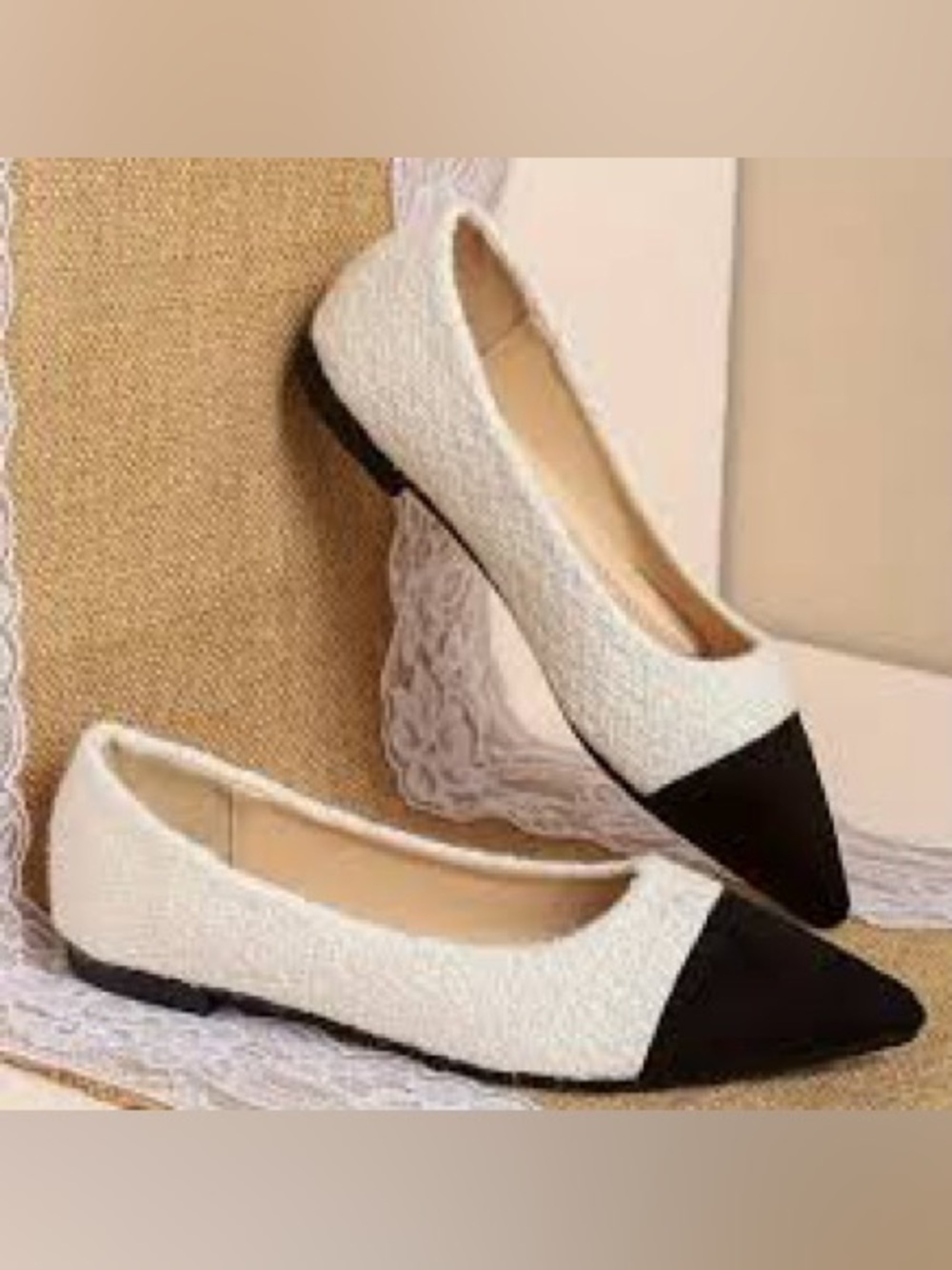 Classic Two-Tone Pointed Toe Tweed Flats - Cream and Black